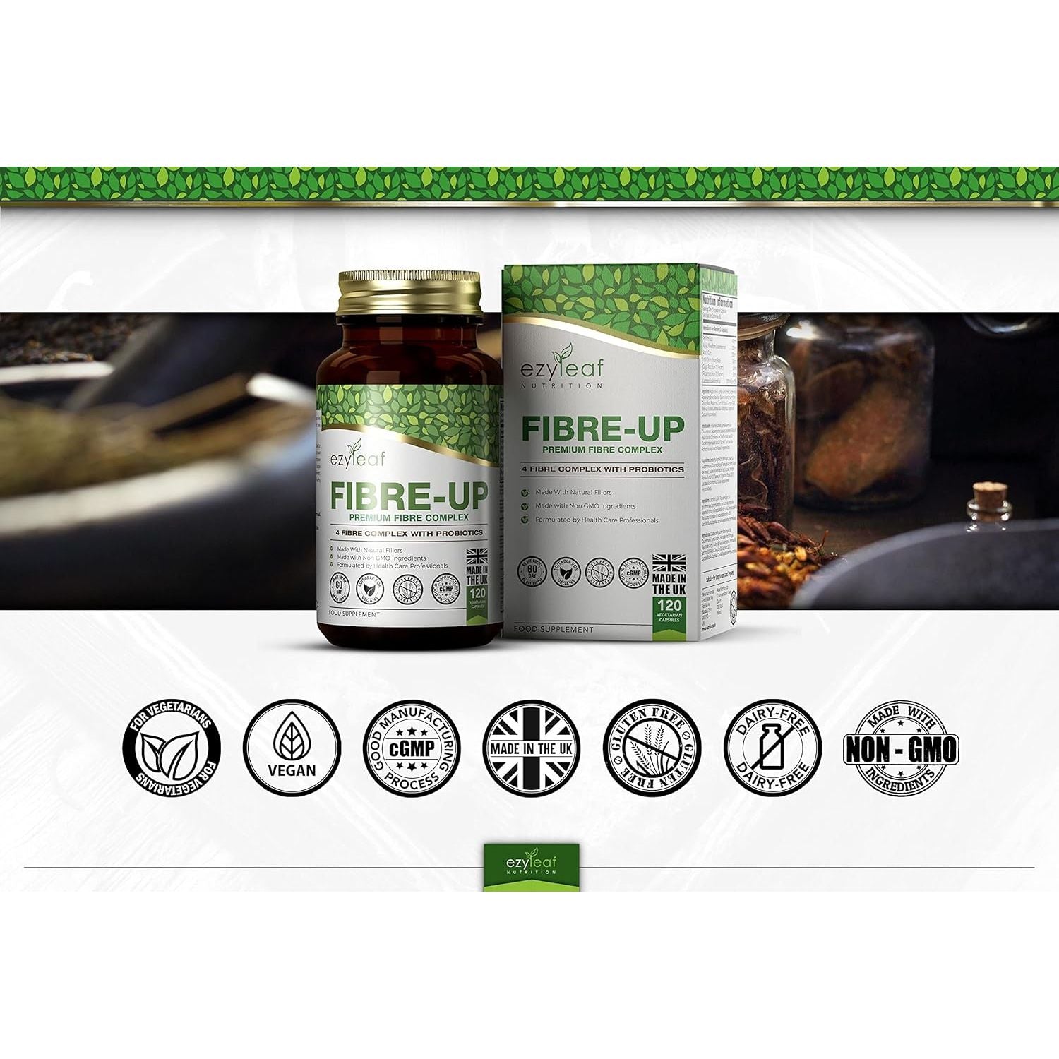 Ezyleaf Fibre-Up Glucomannan Capsules Konjac Fibre Capsules + Inulin, Psyllium Husk, Acidophilus Probiotic, Acacia Fibre Prebiotics Diet | 120 Vcaps | UK ISO Certified, Non-Gmo, Vegan, Allergen Free