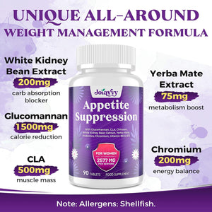 Appetite Suppressants for Women, Natural Fat Burner That Work Fast, High Dose in Glucomannan Konjac Root, White Kidney Bean for Weight Management, Metabolism Booster, Keto Friendly (90 Tablets)