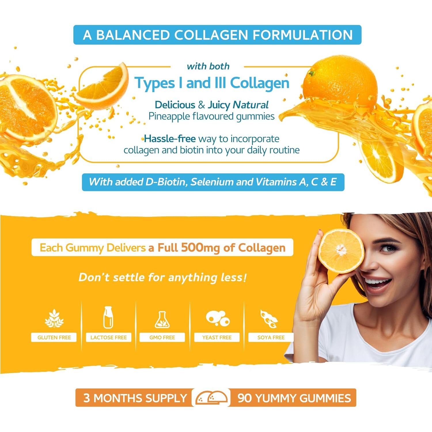 Collagen Complex - 90 Natural Orange Flavour Chewable Yummy Gummies - One a Day 500Mg Bovine Collagen, Biotin, Vitamin C, Selenium, Vits B6 and B12 – Healthy Skin and Hair for Men and Women – UK Made