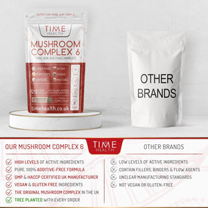 Mushroom Complex 6 | 120 Capsules | MAXIMUM STRENGTH | Chaga, Cordyceps, Shiitake, Reishi, Lions Mane, Maitake | Zero Additives | 100% Vegan | UK Made | the Original Mushroom Complex Formula in the UK