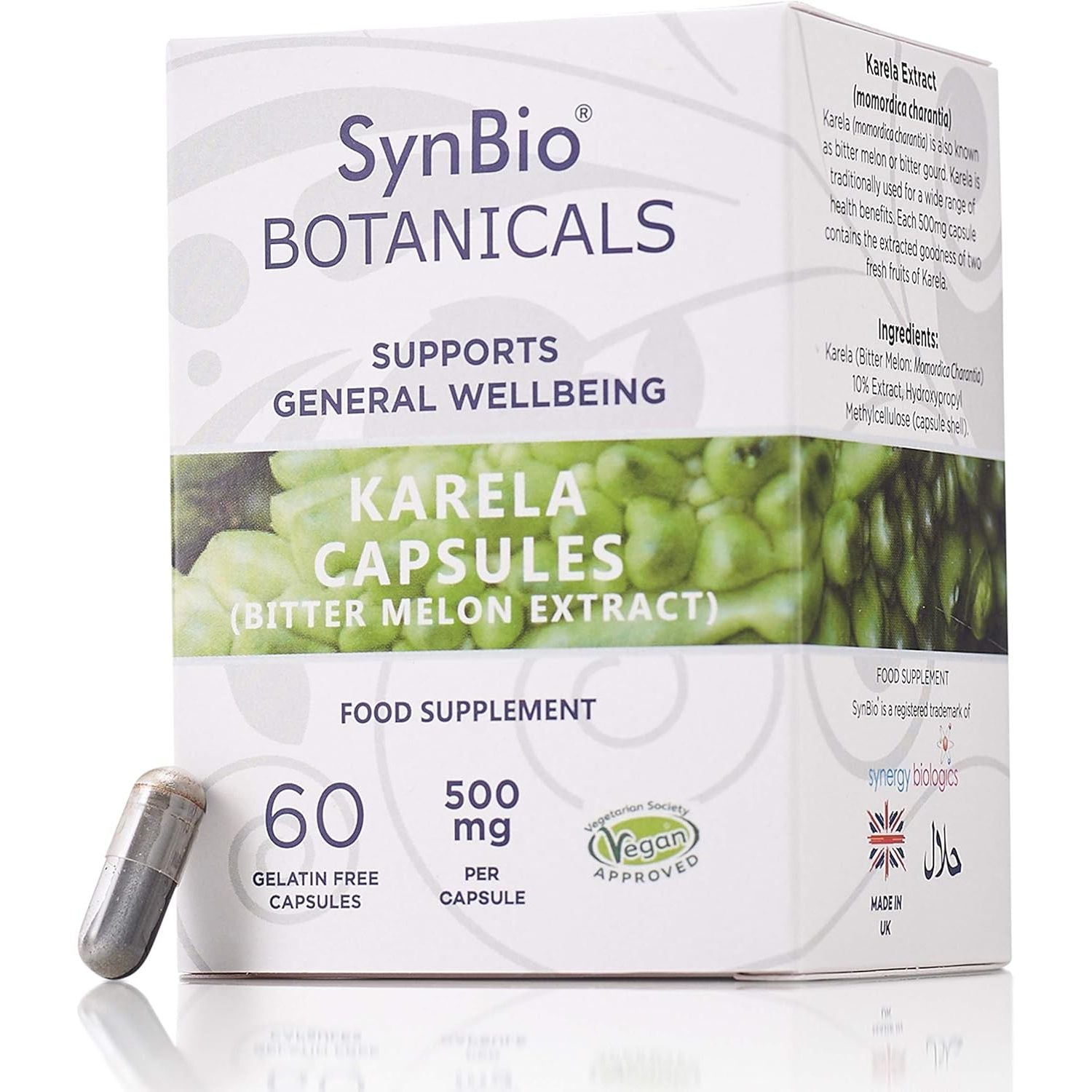 Synbio Botanicals - Karela (Bitter Melon Extract) Capsules 500Mg | Vegan | Made in the UK | Gluten Free | Sugar Free | Salt Free | Nut Free | Kosher | Halal | Supports General Wellbeing