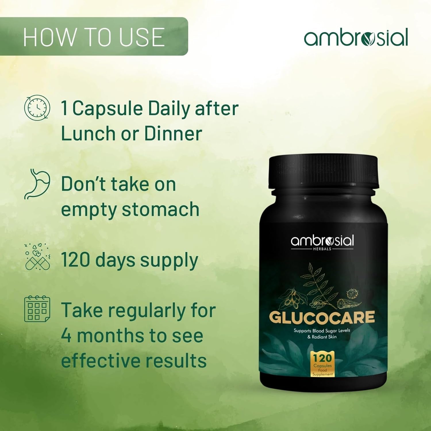 Ambrosial Glucocare | Bitter Melon | Neem | Black Plum (Jamun) | Helps in Balancing Blood Sugar | 100% Natural Ingredients | Pack of 1-120 Capsules