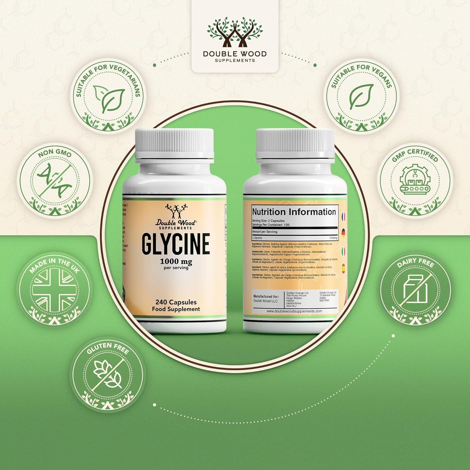 Double Wood Glycine Supplement | 240 High Strength Glycine Capsules - 1000Mg per Serving | Amino Acid Supplement | Non-Gmo & Gluten | Manufactured in the UK