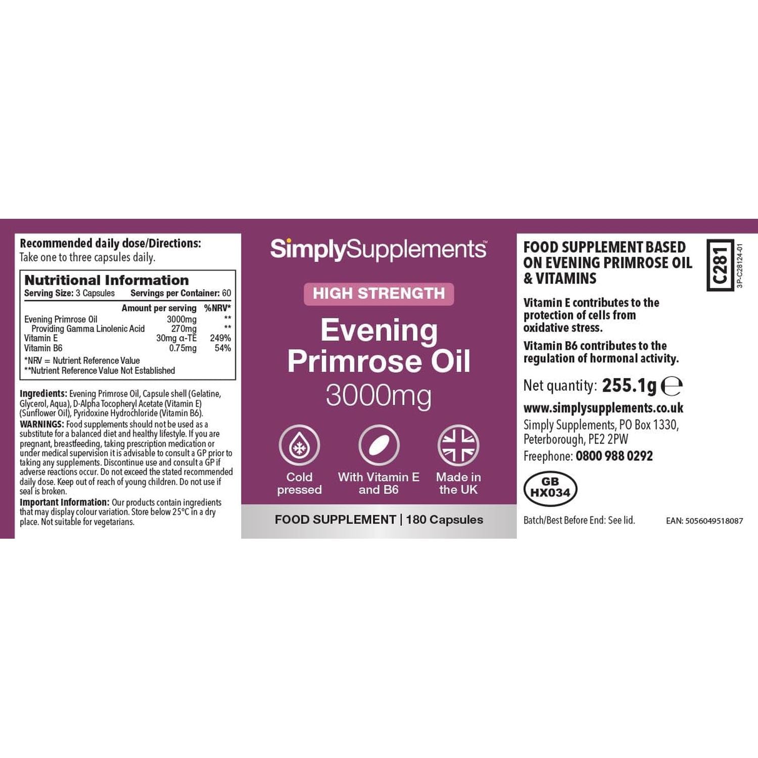 Evening Primrose Oil 3000Mg Capsules | Supports Hormonal Balance & Healthy Skin | with Added Vitamins B6 & E | 360 Softgels Capsules = 4 Months’ Supply | Gmp-Certified & Uk-Made