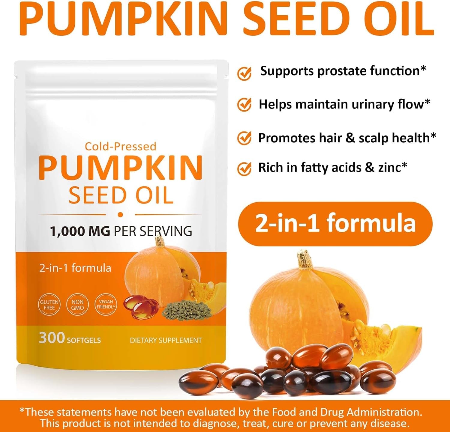 Pumpkin Seed Oil Capsules, 300 Softgels Cold Pressed Pumpkin Seed Oil Softgels Rich in Essential Omega-3/6 Fatty Acids & Zinc, Phytosterols for Hair Growth Supports Prostate Function