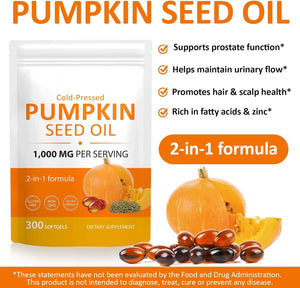 Pumpkin Seed Oil Capsules, 300 Softgels Cold Pressed Pumpkin Seed Oil Softgels Rich in Essential Omega-3/6 Fatty Acids & Zinc, Phytosterols for Hair Growth Supports Prostate Function