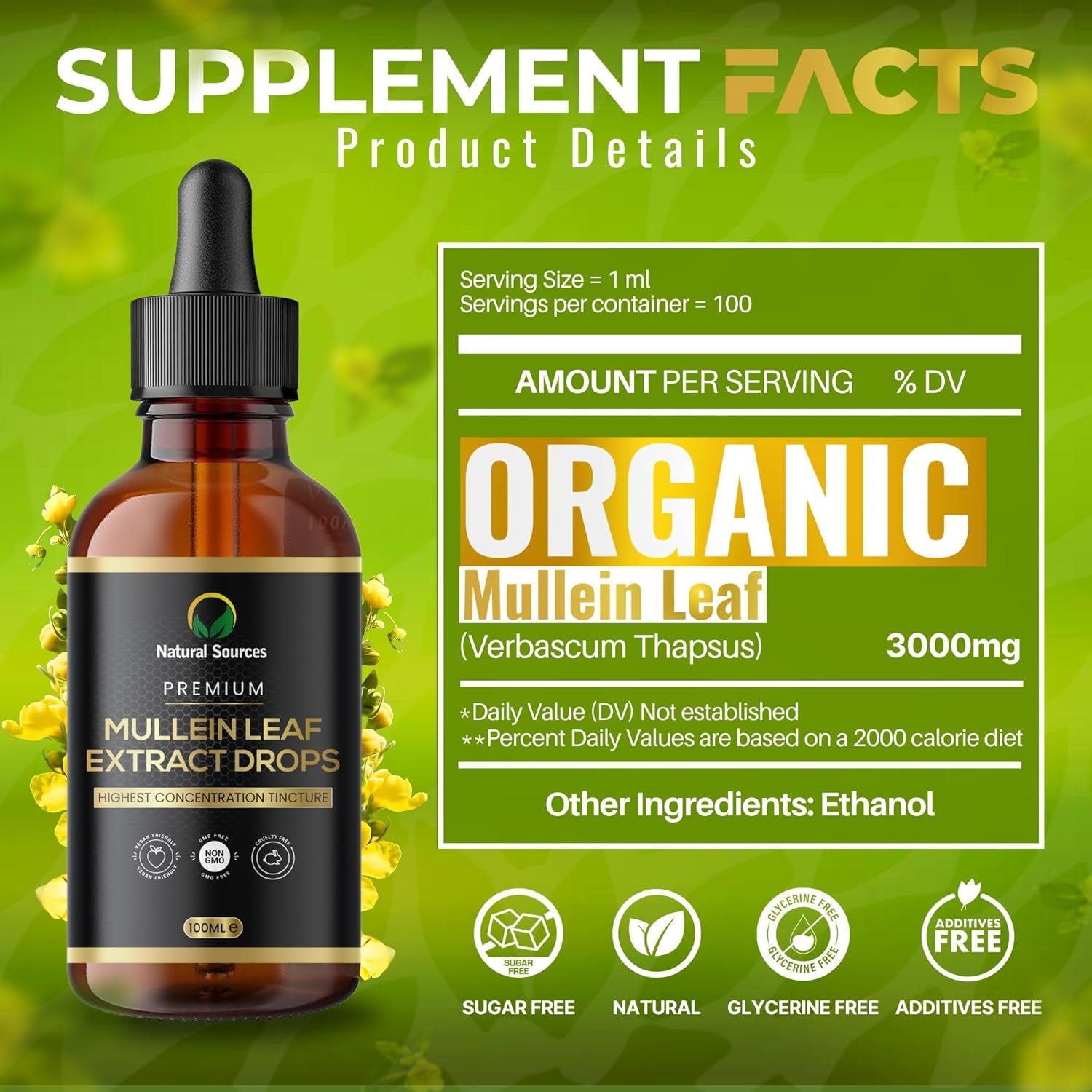 Mullein Leaf Extract for Lungs 100Mls -UK Grown & Produced-Highest Concentrate Tincture - Mullen Drops - XXL Size 100Ml = 100 Servings(3 Month Supply). GMDP ORG Certified/Vegan/Non Gmo/Cruelty Free.