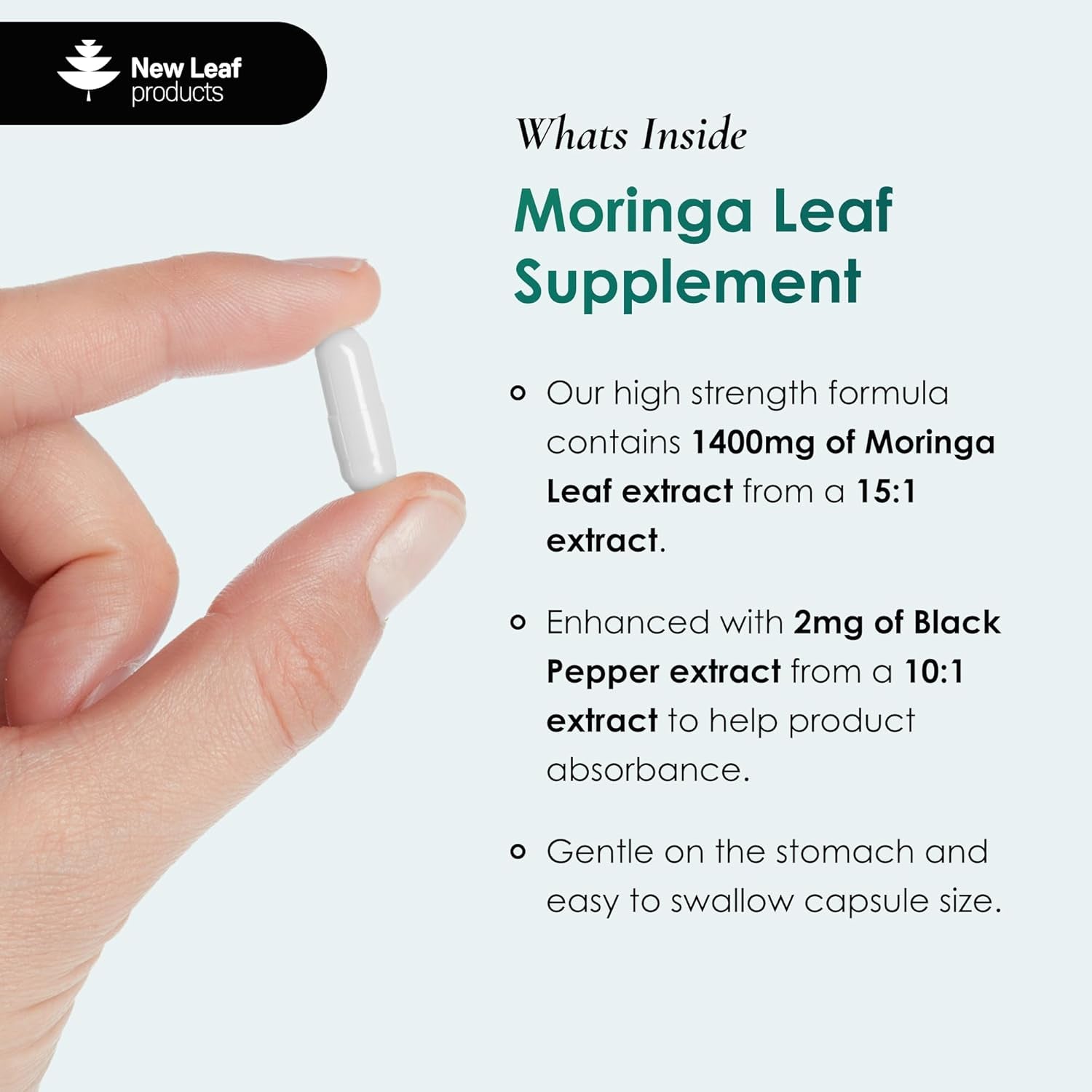 Moringa Leaf Capsules - High Strength Moringa Capsules 2000Mg - Pure Vegan Extract & Powder - 120 (Two Months Supply) Enriched with Black Pepper by New Leaf