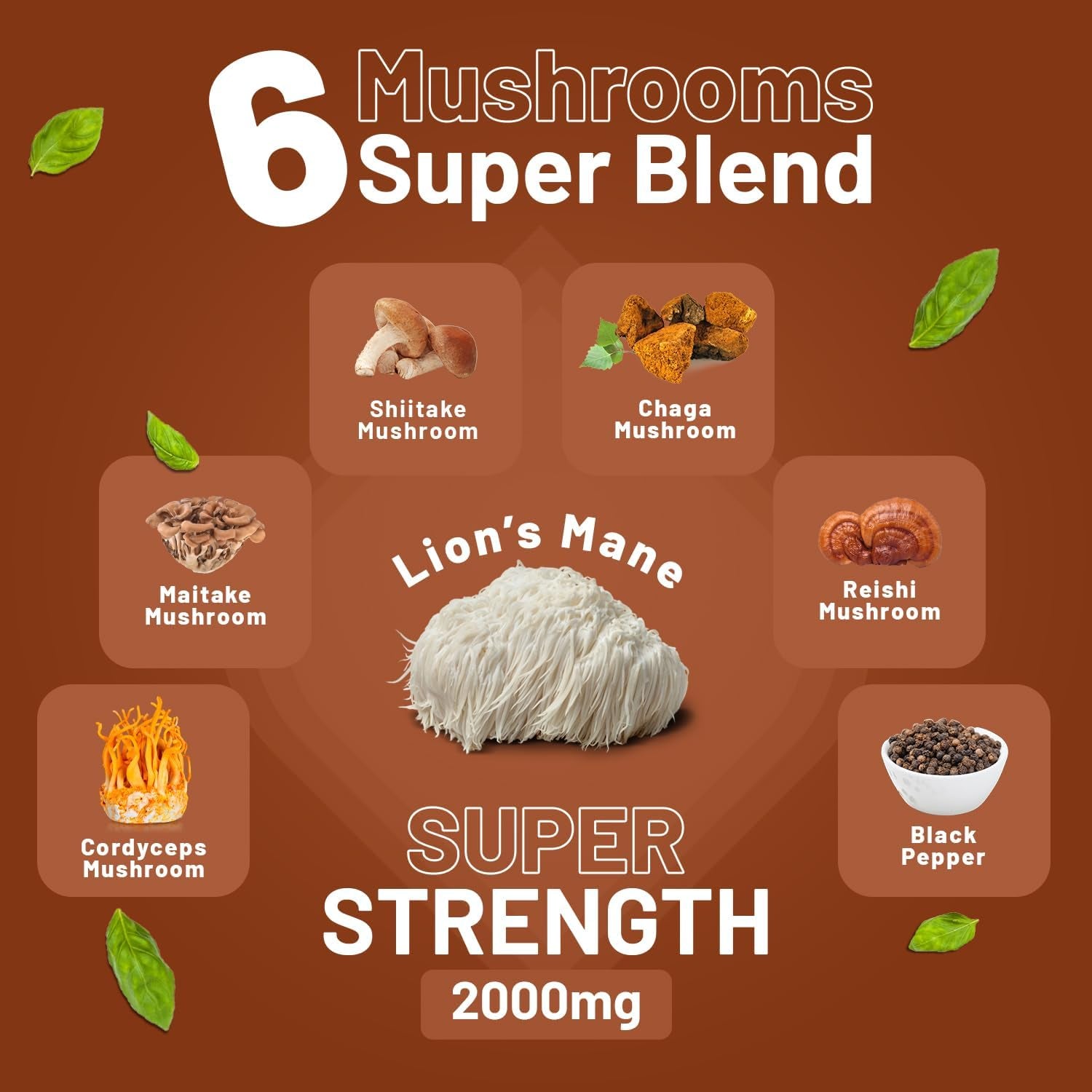 Advanced Mushroom Complex 2000Mg | a Super Blend of 6 Mushrooms with Lion'S Mane, Chaga, Cordyceps, Shiitake, Reishi and Maitake with Black Pepper | 120 Vegan High Strength Tablets UK Made by Prowise
