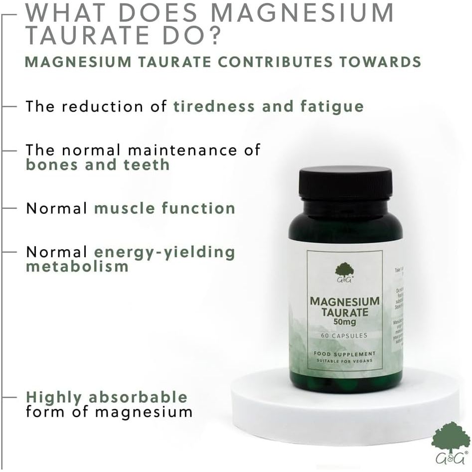 Magnesium Taurate 50Mg - 60 Vegan Capsules, Highly Absorbable Chelated Magnesium with Taurine - Made in the UK by G&G Vitamins
