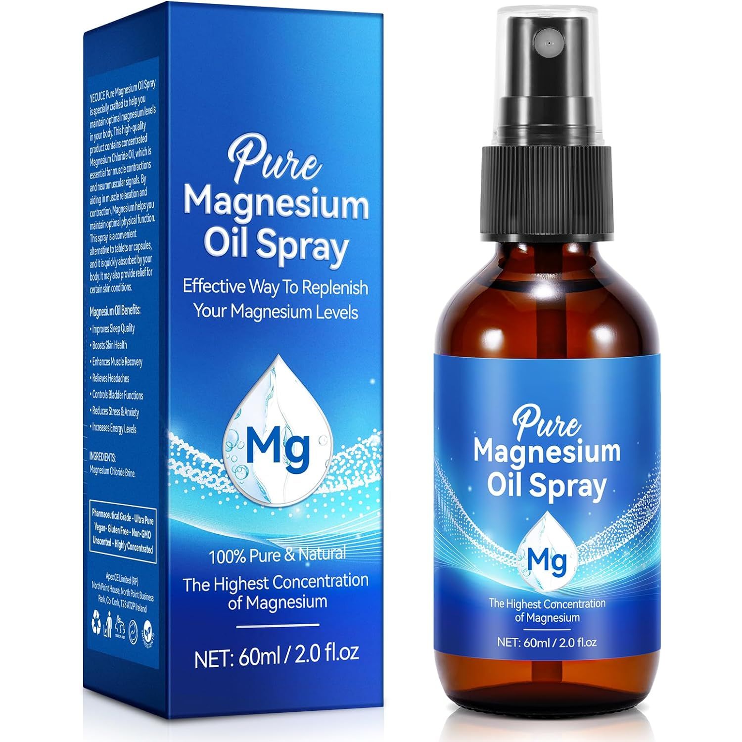 Pure Magnesium Spray, 100% Natural Magnesium Oil Spray, Quick Absorption, Magnesium Spray for Feet, Muscle Recovery and Leg Cramps, 60 Ml