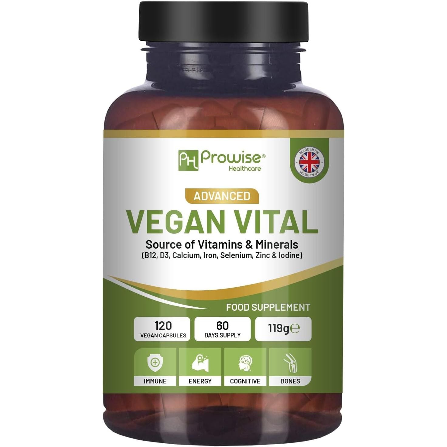 Vegan Vital Multivitamins and Minerals | 120 Vegan Multivitamin Capsule | Calcium, Vitamin B12, Vitamin B2, Vitamin D3, Selenium, Iodine, Zinc & Iron | by Prowise Healthcare