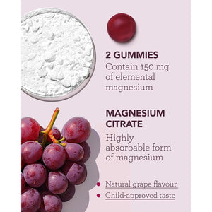 Magnesium Gummies for Adults & Kids - 150Mg Magnesium Supplements for Sleep, Relaxation & Muscle Support - Natural Grape Flavour - No Artificial Colours - Vegan - 60 Gummies Easy to Chew