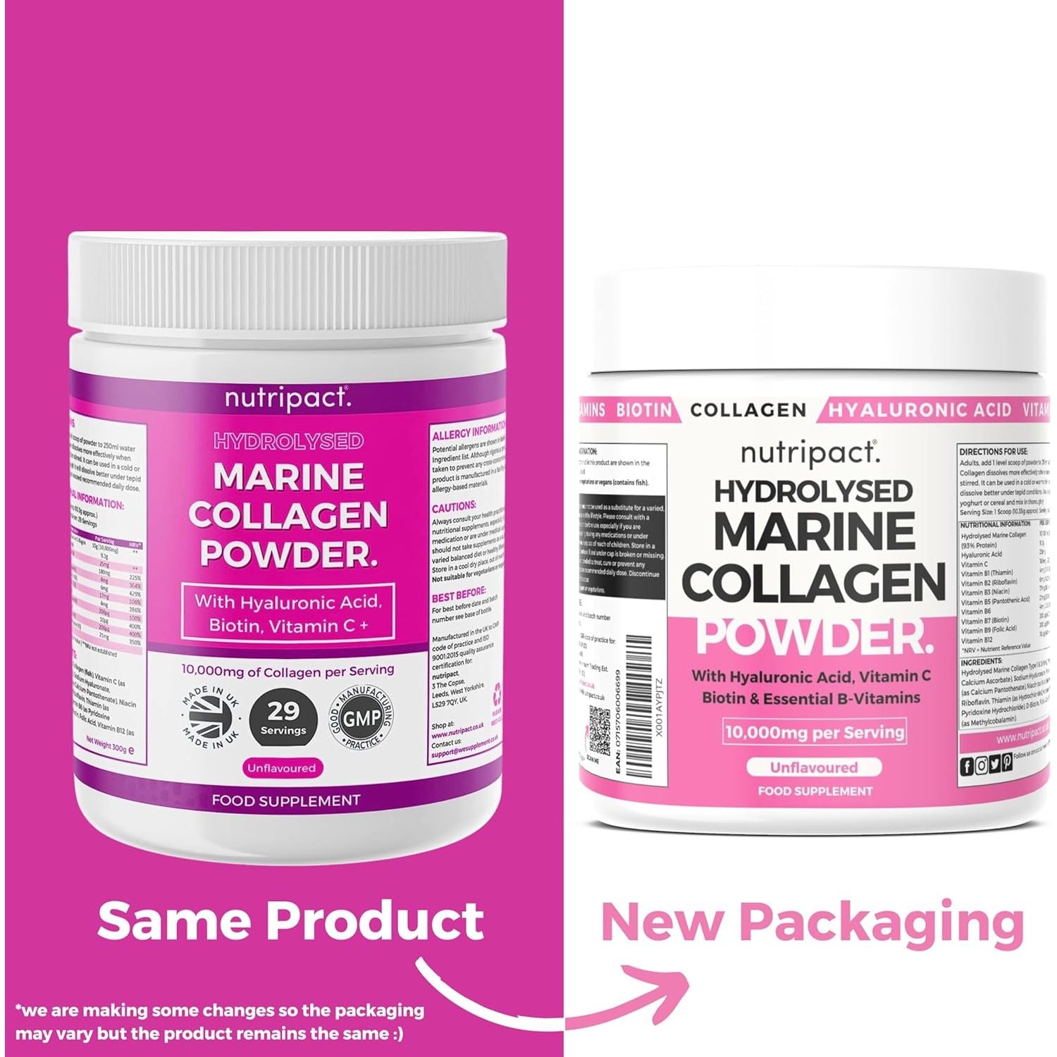 Nutripact Marine Collagen Powder with Hyaluronic Acid, Biotin, Vitamin C & B Vitamins 10,000Mg Hydrolysed Collagen Peptides Types 1 & 3, Unflavoured, Odourless, Highly Bioavailable – 30 Servings, 300G
