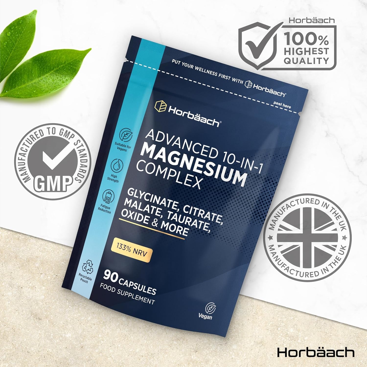 Magnesium Glycinate Complex | 500Mg Elemental Magnesium | 10-In-1 Complex | Glycinate, Citrate, Malate, Oxide, Taurate & More | 90 Vegan Capsules | by Horbaach