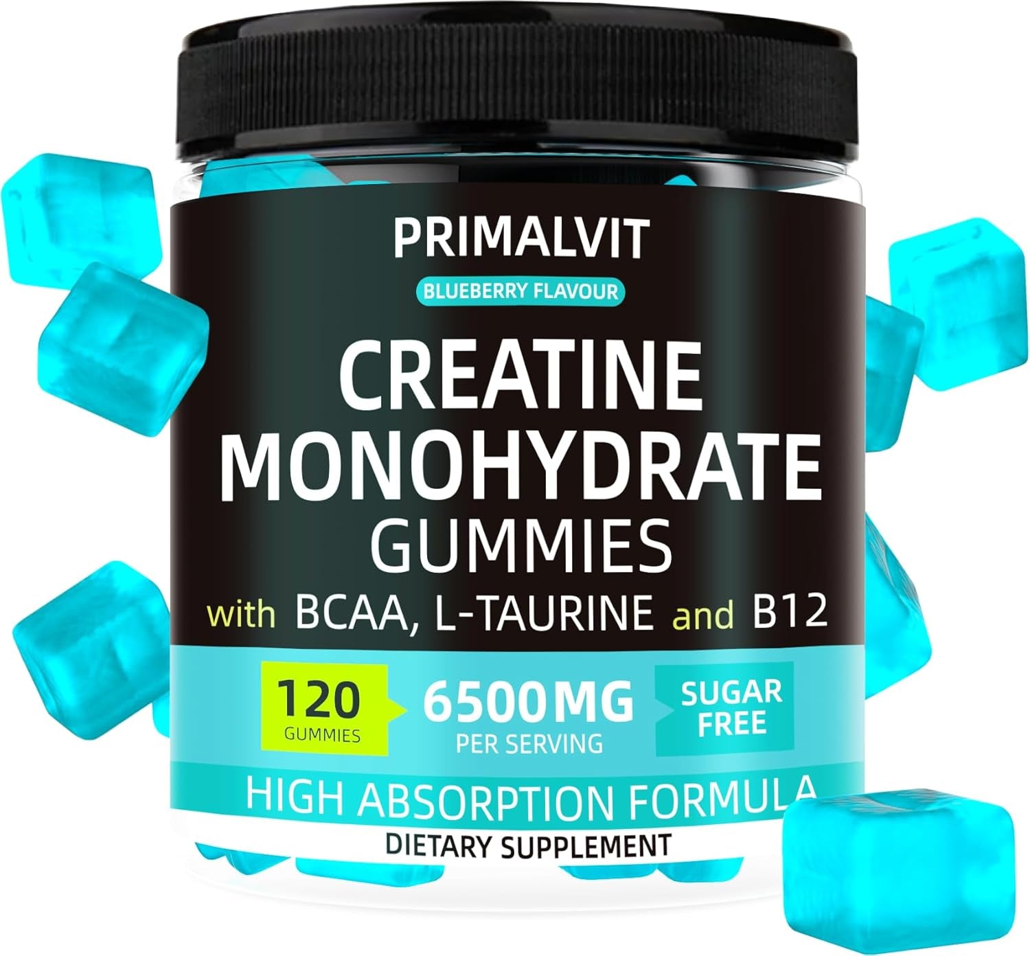 120 Creatine Gummies 6500Mg Sugar-Free Complex – Pre-Workout Creatine Monohydrate + BCAA, L-Taurine, B12 – Max Strength Chewable Gym Supplement – Vegan Gummy Chews for Men & Women – Primalvit