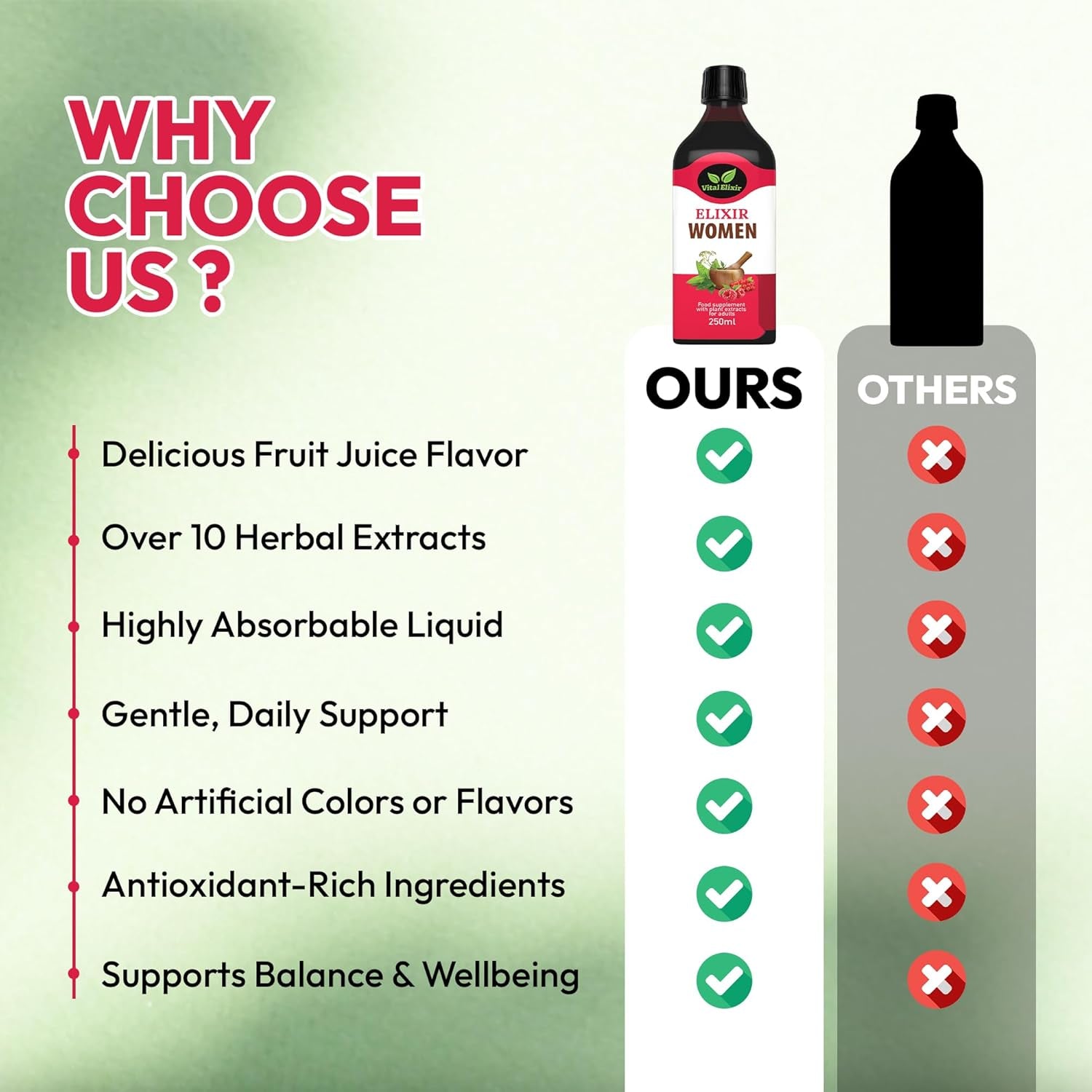 Elixir Women – Herbal Food Liquid Supplement with Hawthorn, Chamomile & Cranberry – 250Ml – Vegan, Gluten-Free, Natural Antioxidant Support