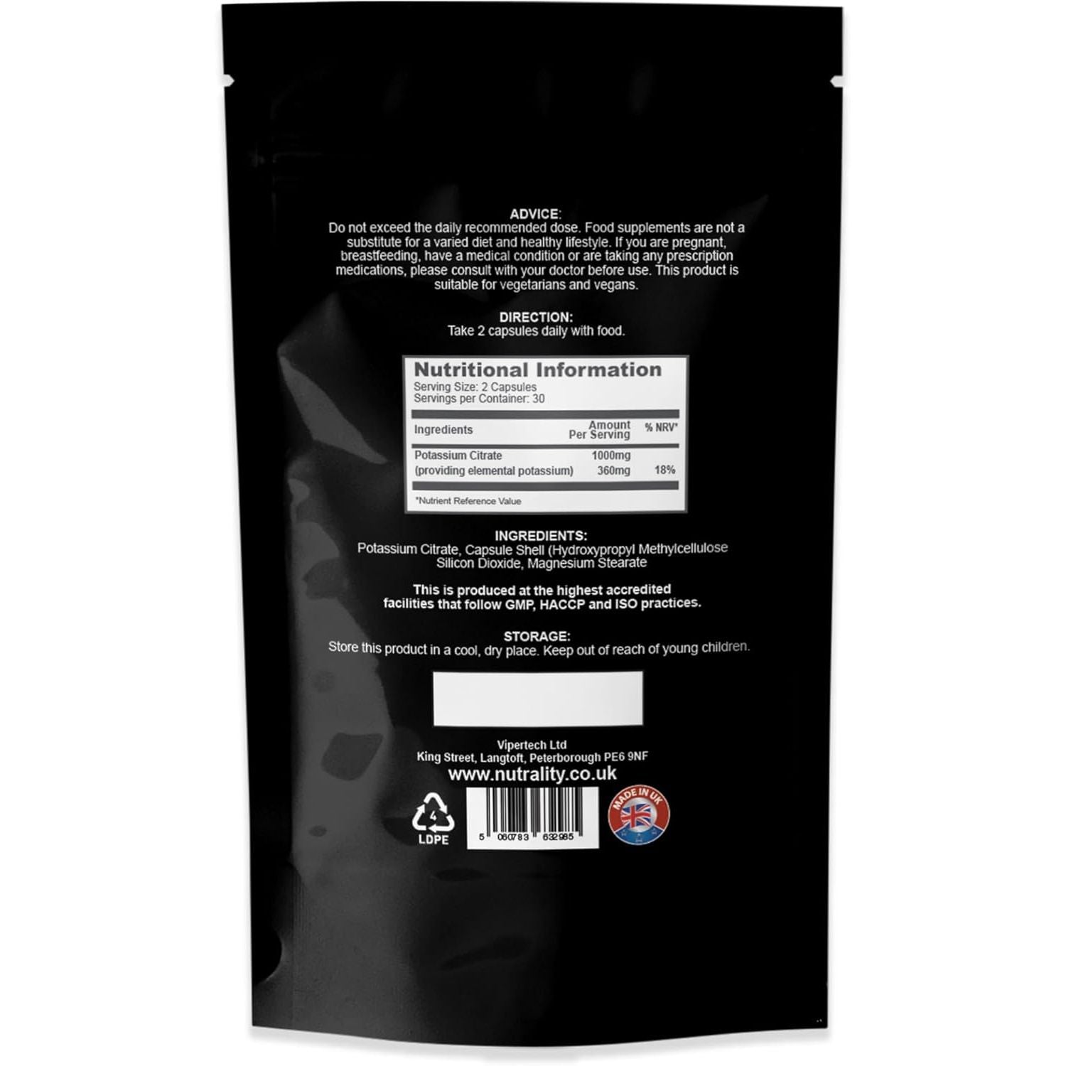 Nutrality Potassium Citrate 1000Mg | High Strength Potassium Supplement | Nervous System, Muscle Contraction, Keto-Friendly (60 Capsules)