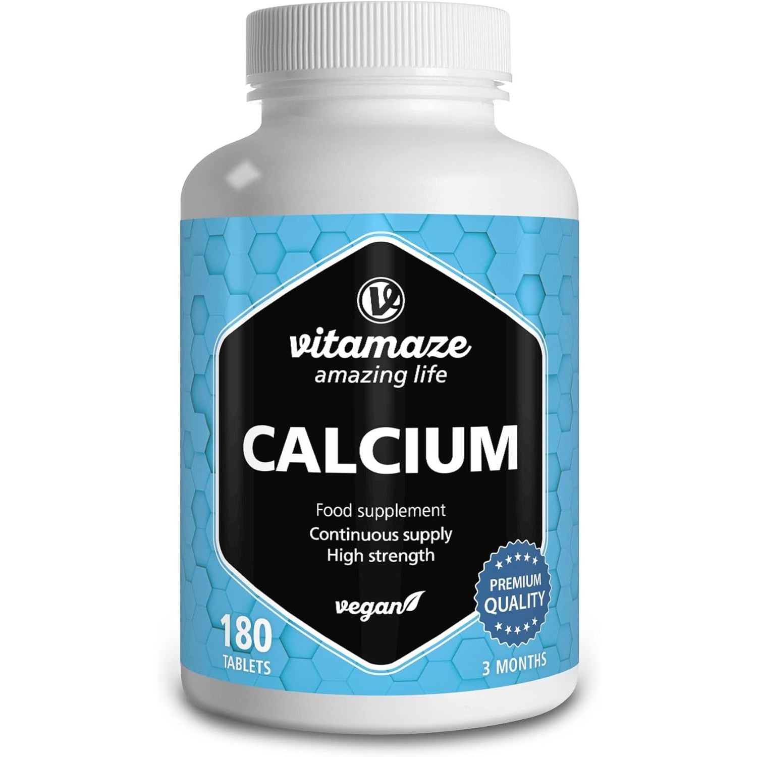 Calcium Tablets High Strength -180 Tablets for 3 Months - 2028Mg Calcium Carbonate per Daily Dose -Organic and Vegan Food Supplement without Additives