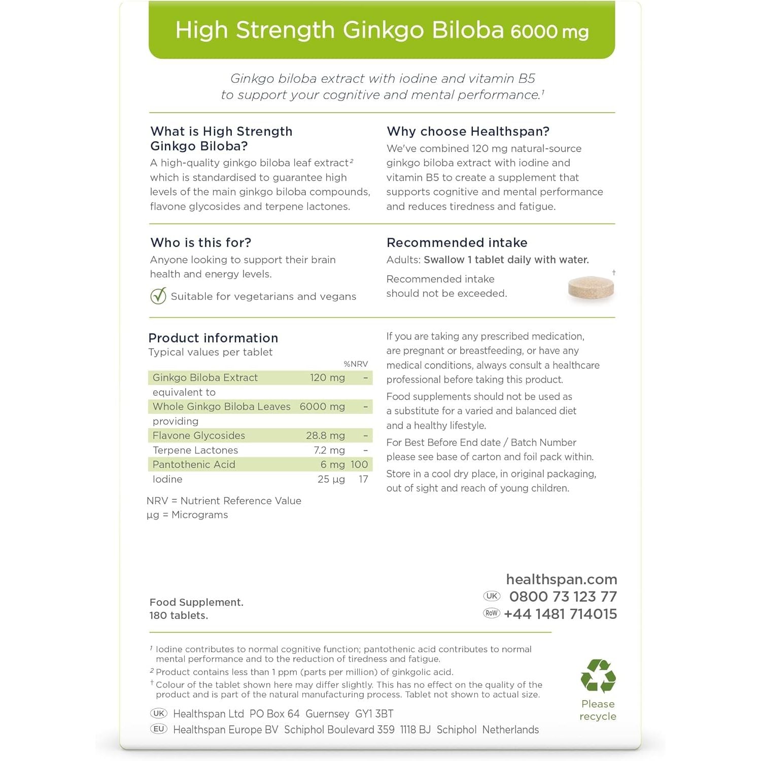 Healthspan Ginkgo Biloba 6,000Mg | High Strength | 180 Tablets | Iodine | Vitamin B5 | Flavone Glycosides | Vegan