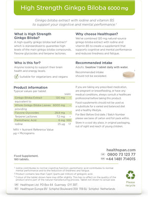 Healthspan Ginkgo Biloba 6,000Mg | High Strength | 180 Tablets | Iodine | Vitamin B5 | Flavone Glycosides | Vegan