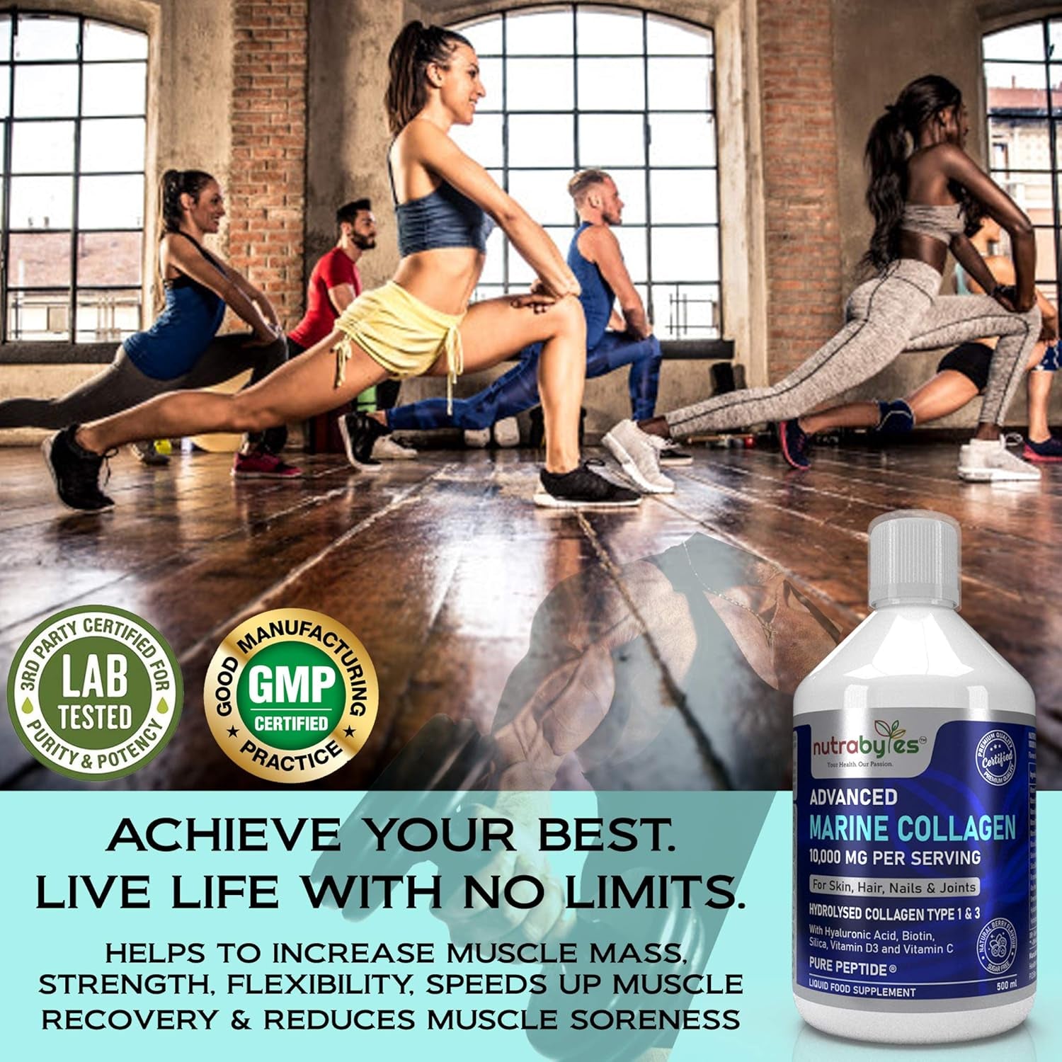 Marine Collagen Liquid 10000Mg | Sugar Free | Hydrolysed Collagen Peptides | Hyaluronic Acid, Biotin, Silica, Vitamin C, Vitamin D3 | Skin, Hair, Nails | Liquid Collagen Supplement for Women & Men