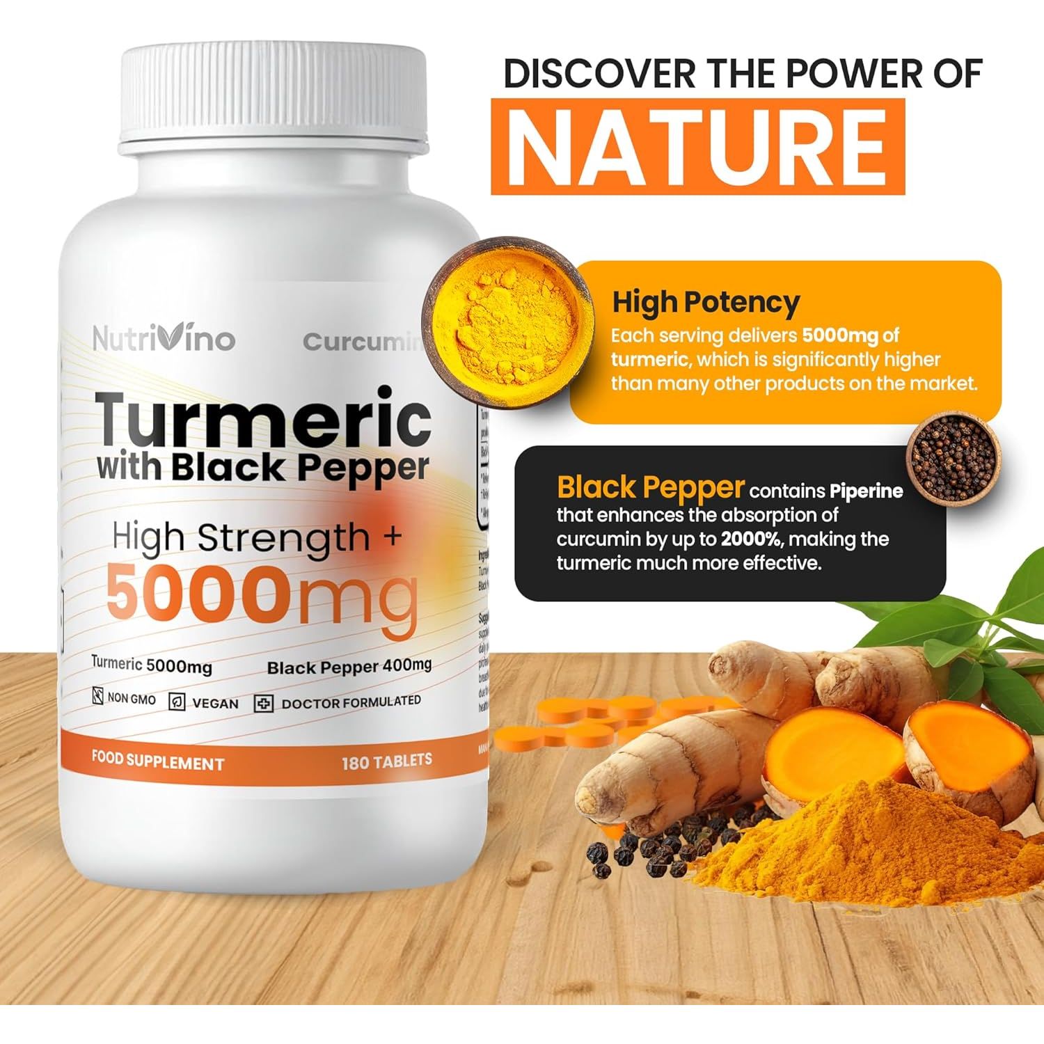 Turmeric Tablets 5000Mg with Black Pepper | 95% Curcumin Extract | 180 Easy to Swallow Tiny Turmeric and Black Pepper Tablets | Vegan & Cruelty-Free | Supplements for Men and Women by Nutrivino