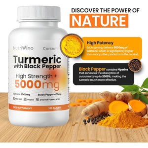 Turmeric Tablets 5000Mg with Black Pepper | 95% Curcumin Extract | 180 Easy to Swallow Tiny Turmeric and Black Pepper Tablets | Vegan & Cruelty-Free | Supplements for Men and Women by Nutrivino