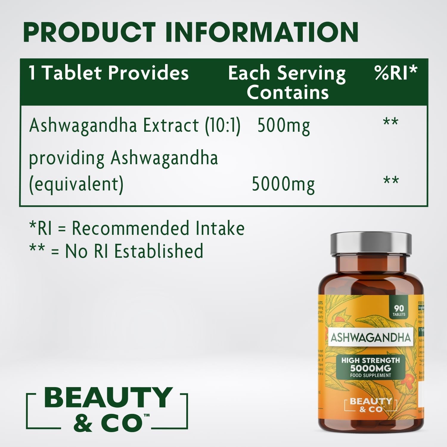 Ashwagandha 5000Mg 90 Tablets, Super High Strength Ashwagandha- 3 Months Supply from Beauty & Co, Pure Ashwagandha, Vegan, Made in the UK.