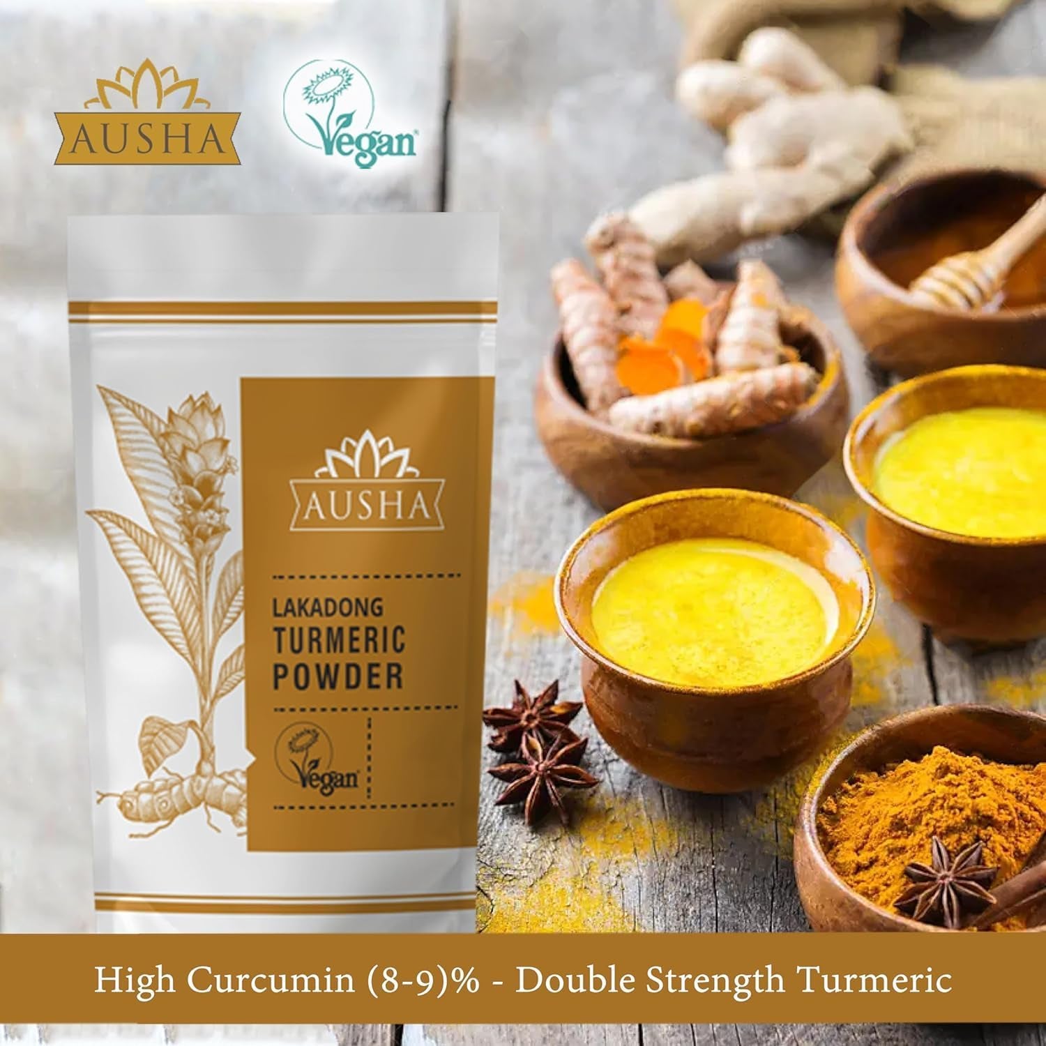 Ausha Lakadong Turmeric Root Powder 500G - 8-9% Curcumin - 1* GREAT TASTE AWARD 2025 - Joint Pain Relief - Use in Cooking, Turmeric Latte Powder, Tea - GREAT TASTE PRODUCER