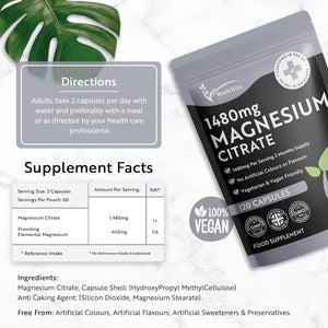Magnesium Citrate 1,480Mg 120 Vegan Capsules 2 Months Supply - Providing 440Mg Elemental Magnesium per Serving - Magnesium Capsules Not Magnesium Tablets - High Strength Magnesium Supplement GMO Free