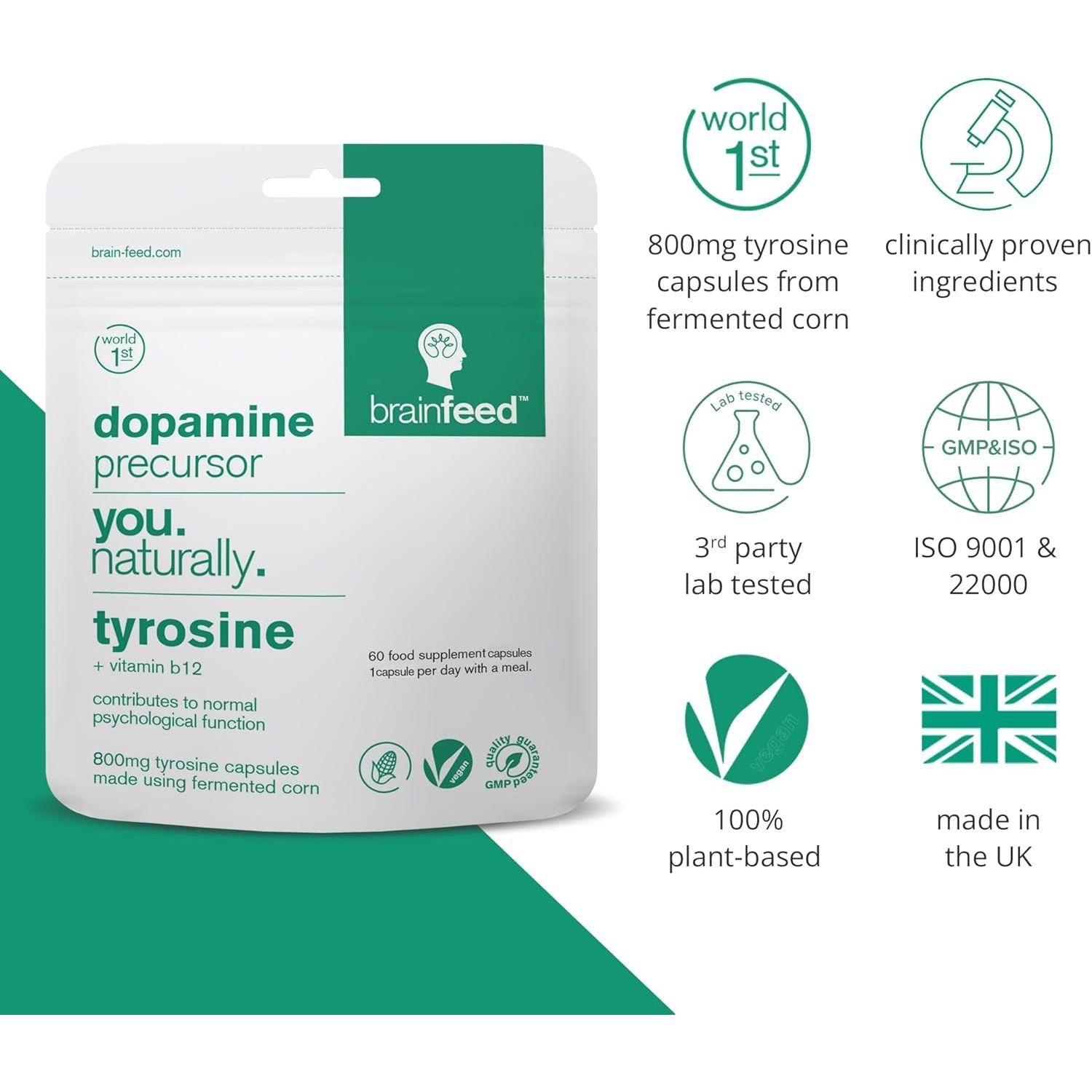 Dopamine Supplements | Natural L Tyrosine Supplement 800Mg | 1-A-Day L-Tyrosine High Strength Capsules (60) | Dopamine Brain Food Nootropic | Alertness & Motivation | Vegan | 2-Month Supply