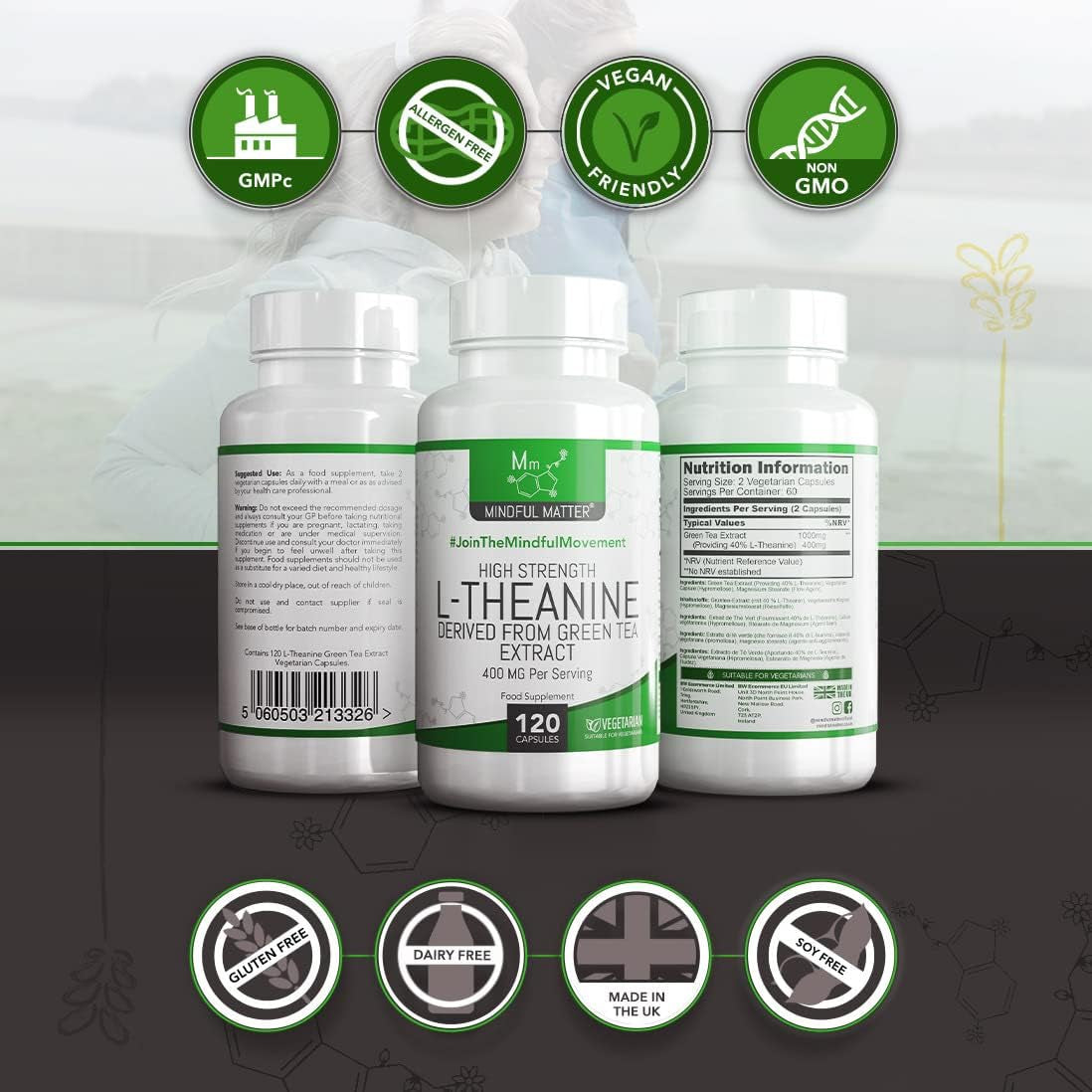 MM L Theanine | 120 L-Theanine Capsules from Green Tea - High Strength 1000Mg Green Tea Extract Providing 300Mg L'Theanine per Serving | L Theanine Supplement | Non-Gmo Gluten Free | Made in UK