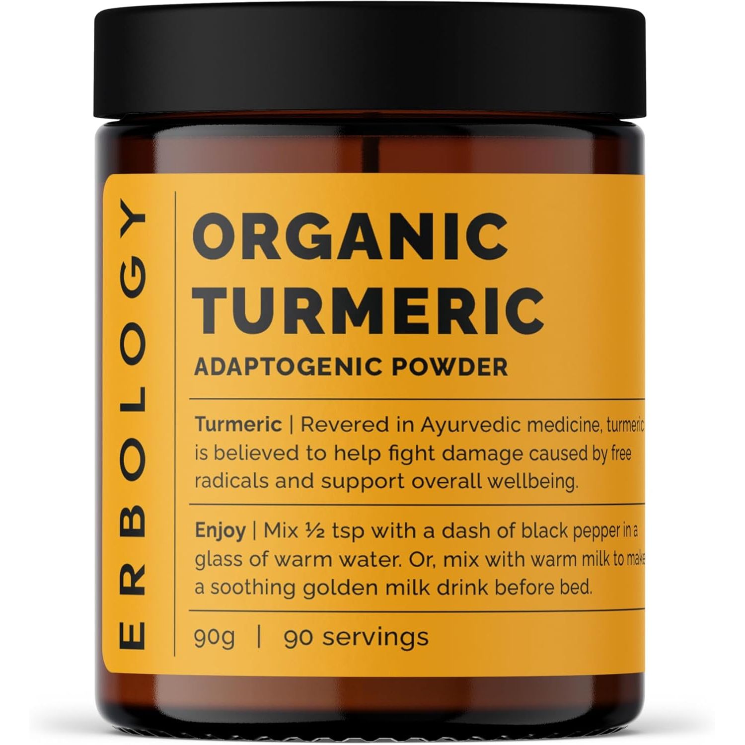 Erbology Organic Turmeric Powder 90G - 90 Servings - 5.5% Curcumin - No Additives or Preservatives - Sustainably Sourced Straight from Farm in Karnataka, India - Small Batch - Vegan - Gmo-Free