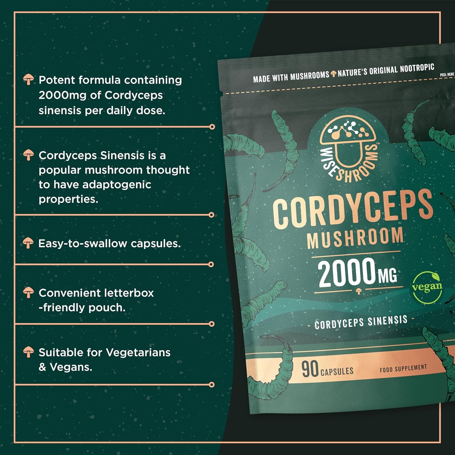Cordyceps Capsules 2000Mg | Cordyceps Mushroom Extract Supplement | 90 Capsules | Suitable for Vegetarians and Vegans | by Wiseshrooms