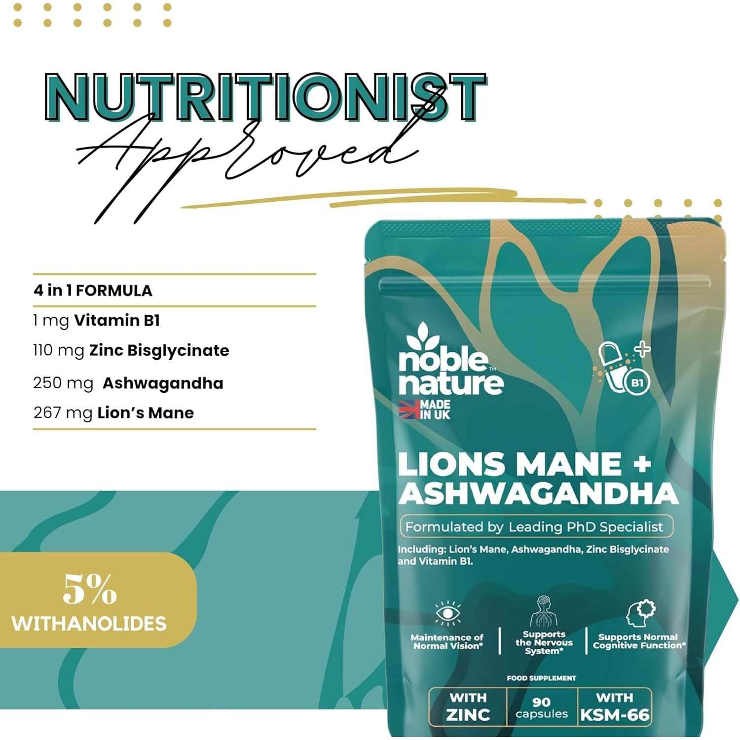 Noble Nature 267Mg Lions Mane + 250Mg Ashwagandha KSM 66 4-In-1 Formula – with 10Mg Zinc Bisglycinate and 1Mg Vitamin B1 Capsule Supplement – Adaptogens for Calm Brain, Stress, Mood, & Health (90)
