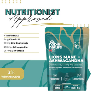Noble Nature 267Mg Lions Mane + 250Mg Ashwagandha KSM 66 4-In-1 Formula – with 10Mg Zinc Bisglycinate and 1Mg Vitamin B1 Capsule Supplement – Adaptogens for Calm Brain, Stress, Mood, & Health (90)