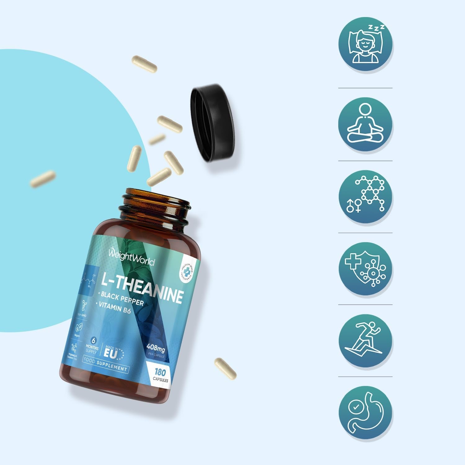 Weightworld L-Theanine Supplement | 408Mg Vegan Capsules | 6 Months Supply | with Added Vitamin B6 (0.5Mg) & Black Pepper Extract (8Mg) | 1 Capsule a Day | Non-Gmo & Gluten-Free