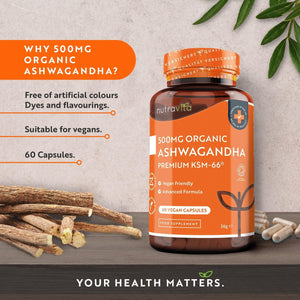 Organic Ashwagandha KSM-66® with 5% Withanolides - Vegan Friendly with the Highest Concentration Most Bioavailable Full-Spectrum Root Powder for Immune Support - Made in the UK by Nutravita