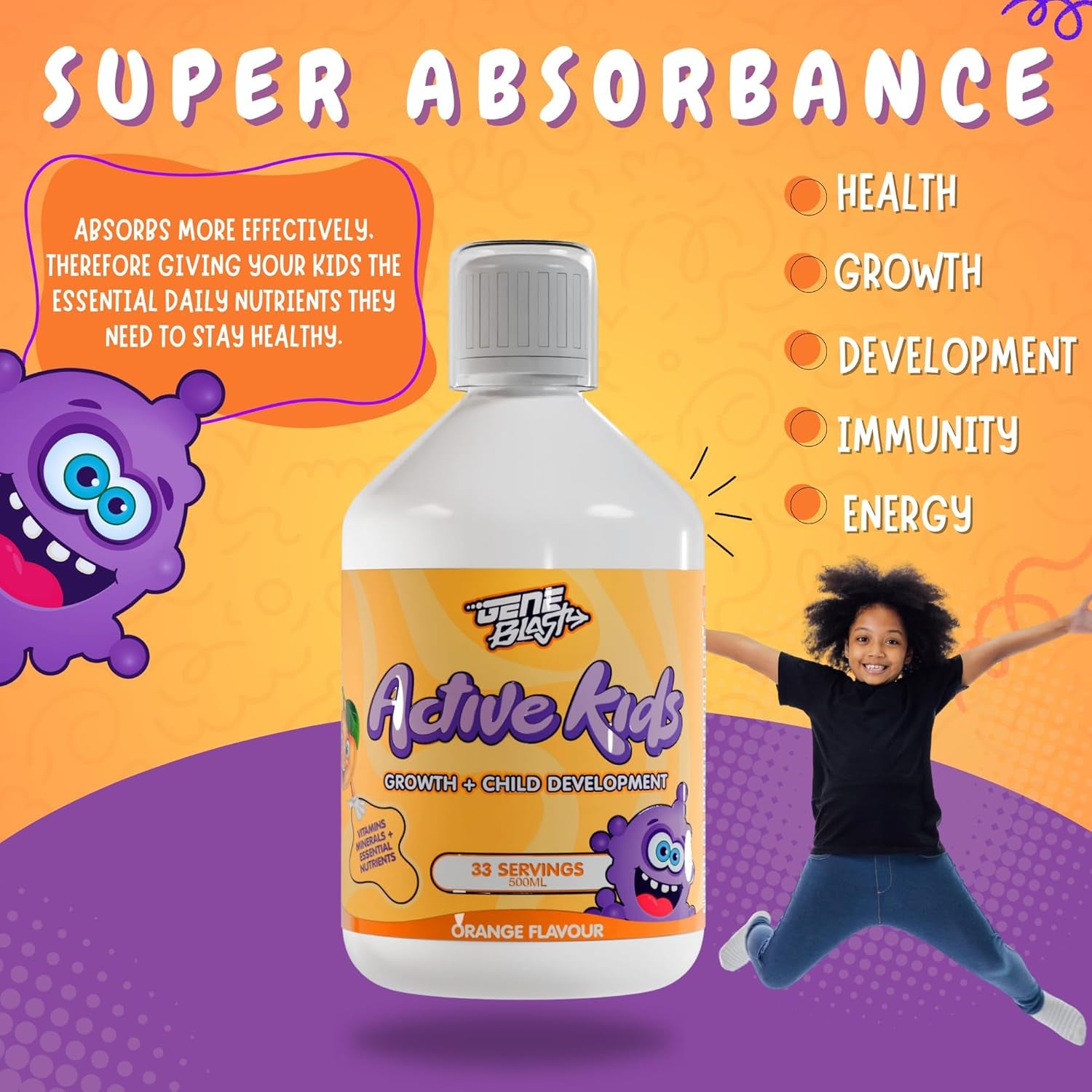 Gene Blast Active Kids Liquid Multivitamin Supplement, Minerals, and Super Greens for Children Aged 3-16 | 29 Essential Nutrients | Child Vitamins, Body Energiser Health, Growth & Development – 500Ml