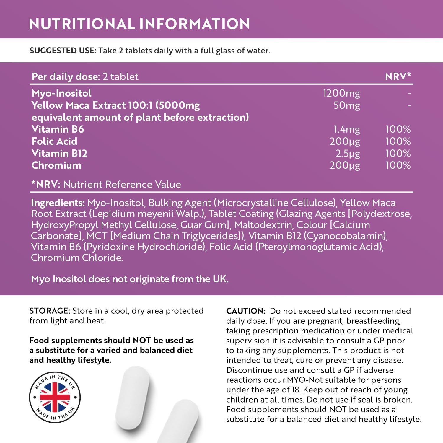 Myo-Inositol Tablets with Folic Acid, Vitamin B6, B12, Maca and Chromium - PCOS Support Supplement - 180 Vegan Tablets - Prenatal Vitamins for Women - Alternative to Inositol Powder - Nutravita