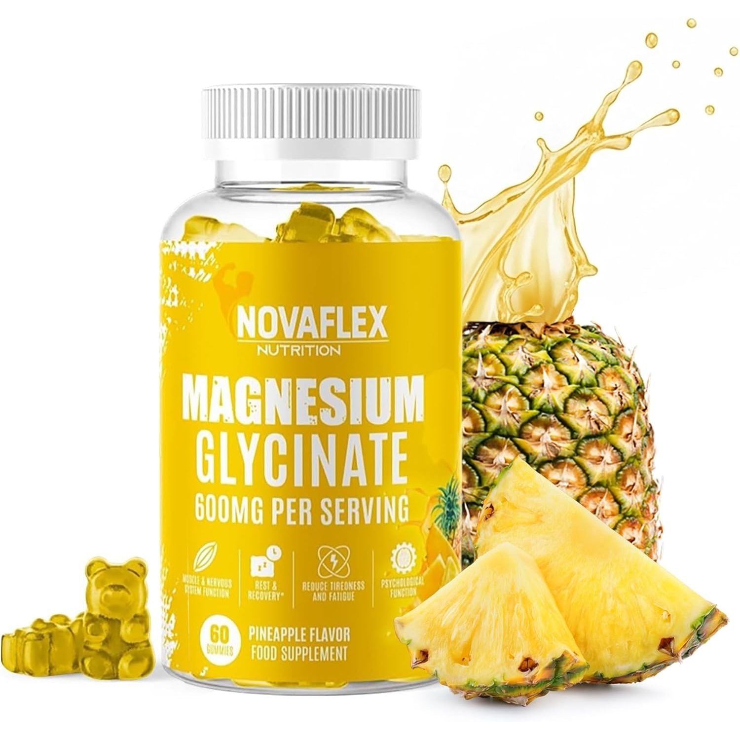 Novaflex Nutrition - Magnesium Glycinate Gummies 600Mg – High Absorption Magnesium with Calcium, Vitamin D & B6 – Pineapple Flavour, 60 Vegan Gummies – Supports Energy & Muscle Function