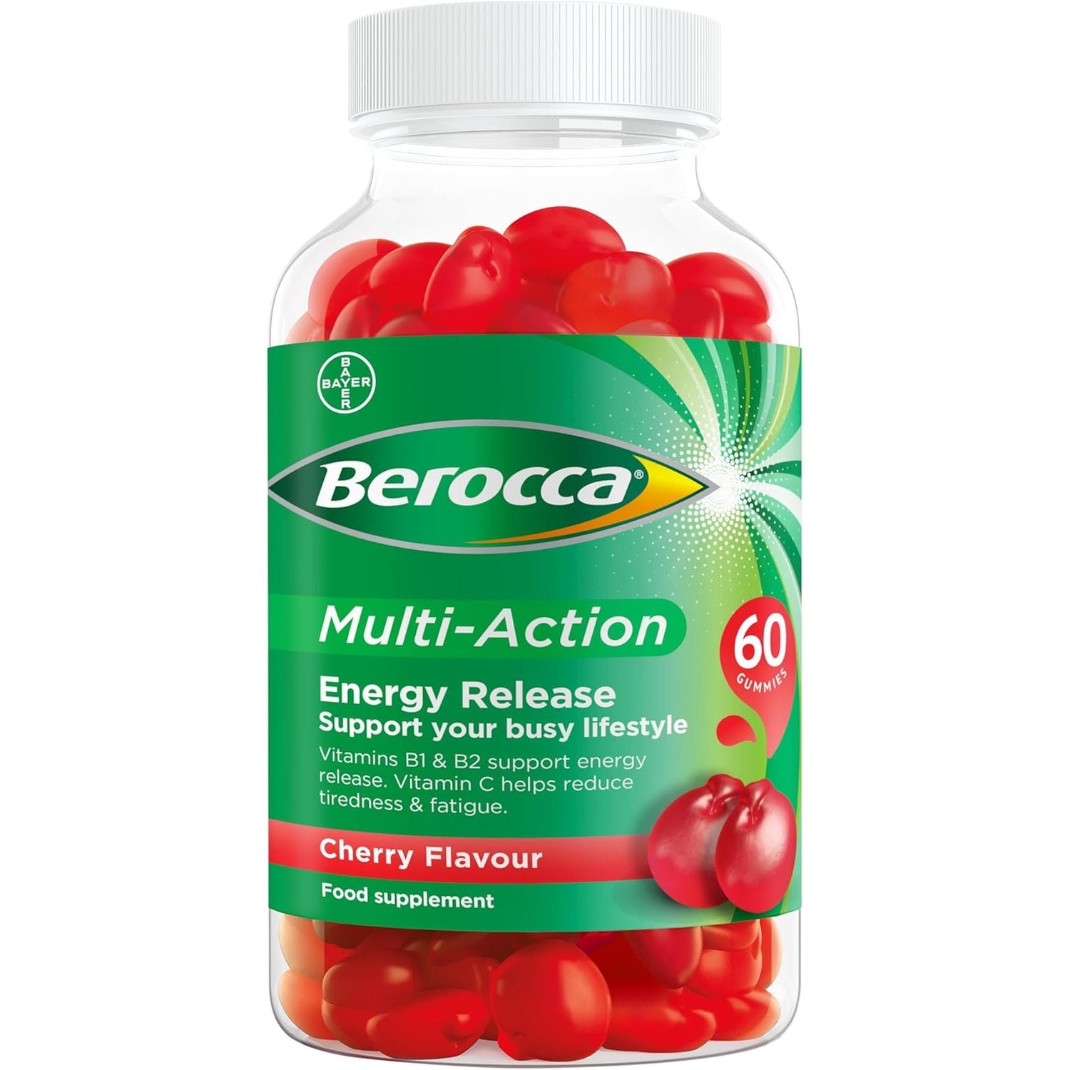 Berocca Multi-Action Multivitamin Gummies - Including Vitamin D, C, A, B-Complex (B1, B2, B3, B6, B7 & B12), E - Supplement for Women, Men and Kids - 60 Gummies - Cherry Flavour