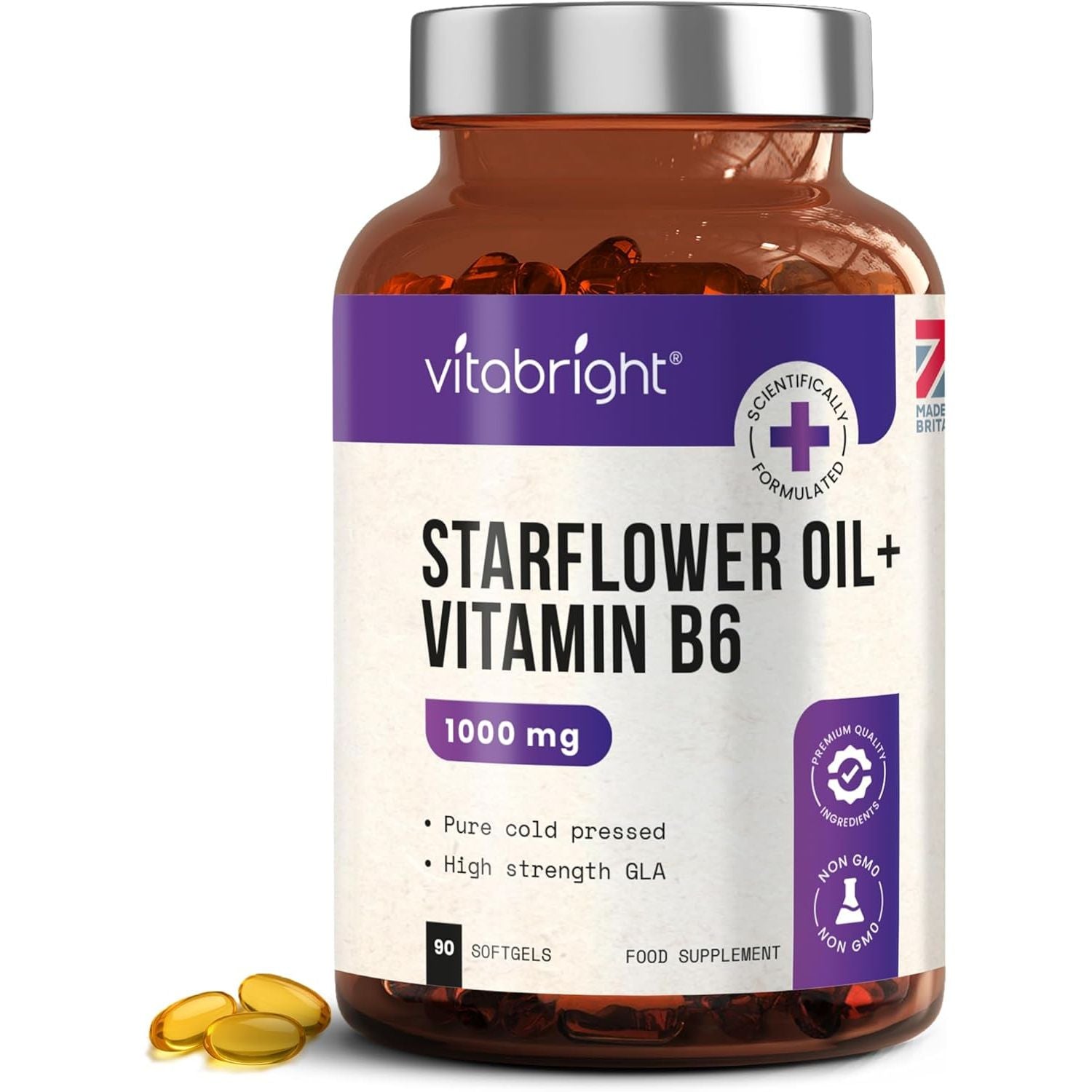 Starflower Oil Capsules 1000Mg | 3 Months High GLA Borage with Vitamin B6 | Cold Pressed Star Flower Oil 1000Mg Softgels | Vitabright Starflower Supplement High Strength