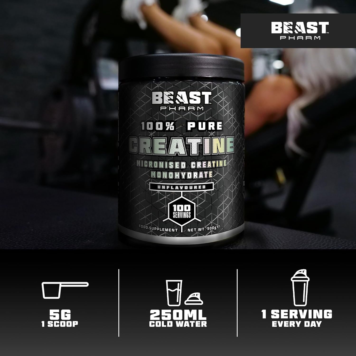 Beast | Creatine Monohydrate Powder 100 Servings (500G) 100% Pure Micronised Creatine Powder | Unflavoured