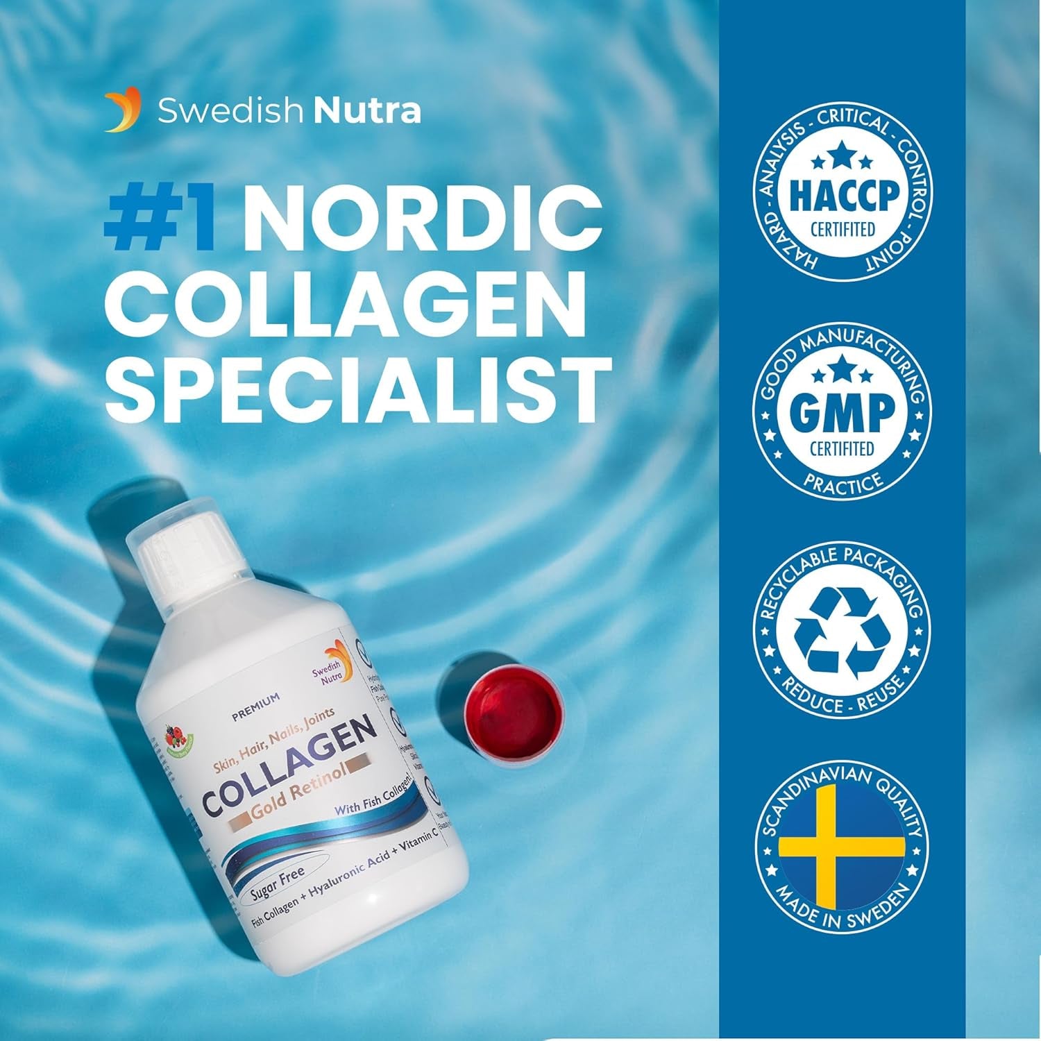 Swedish Nutra - 12,500 Mg Hydrolyzed Marine Collagen & Gold Retinol Liquid Supplement - 500 Ml Pack, 20 Day Supply | Pure Peptide & Hyaluronic Acid for Healthy Hair, Skin, Nails & Joints I Sugar-Free