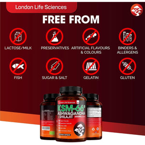 Organic SHILAJIT with Ashwagandha KSM-66® 2000Mg (2 Month Supply) | Root Extract | Vegan Ayurveda Medicine Supplement | Higher Bioavailability & Gluten-Free, Non-Gmo, UK, London Life Sciences®