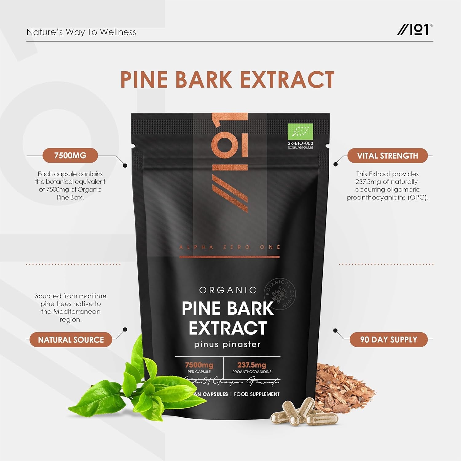 Organic Pine Bark Extract 7500Mg – 237Mg OPC Proanthocyanidins High Strength – 90 Vegan Capsules (3 Months Supply) – Resealable and Recyclable Pouch by Alpha01