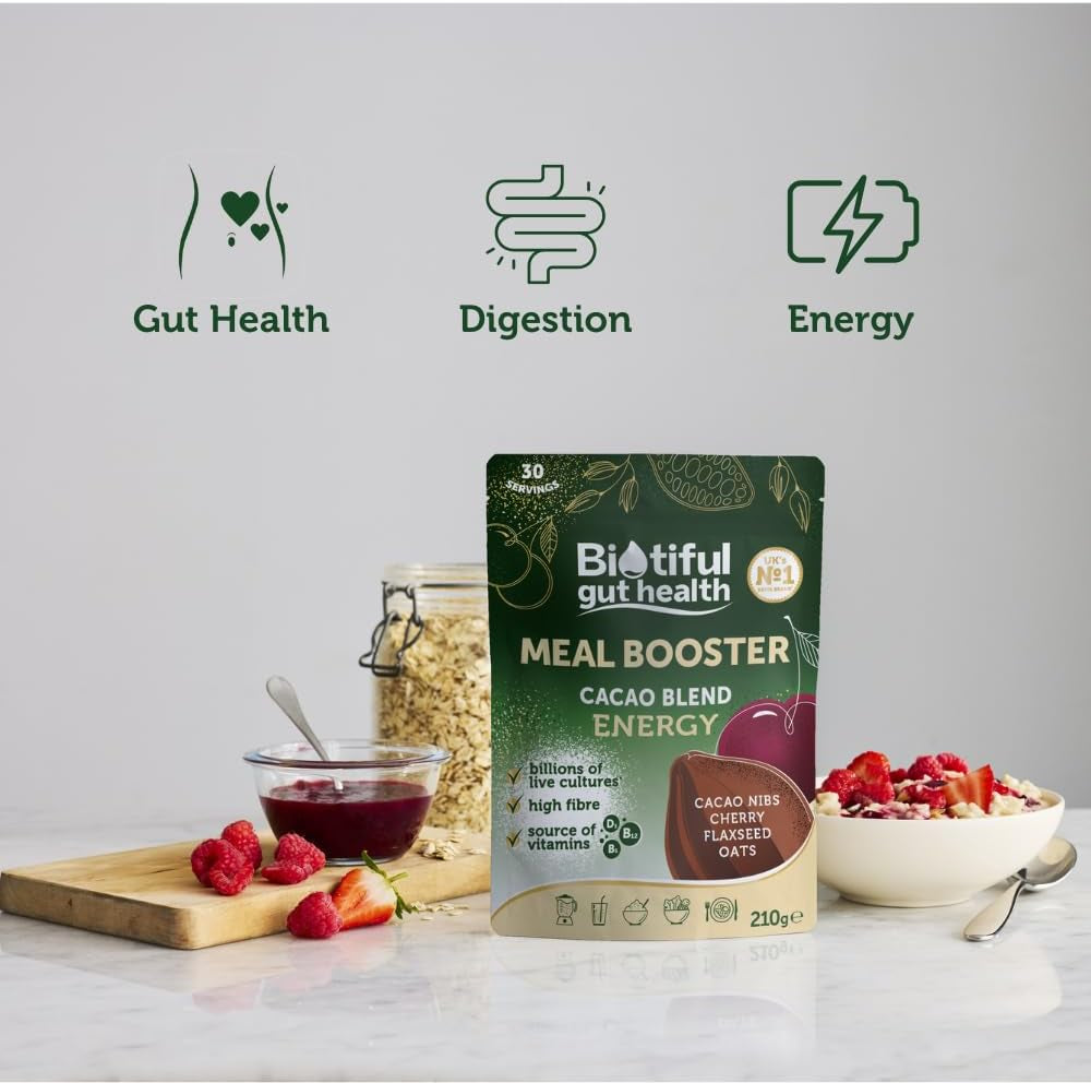 Biotiful 7-In-1 Gut Health Powder – High in Prebiotics & Probiotics for Digestive Health – Source of Protein & Vitamins (B5, B12, D3) – Affordable Everyday Price – Natural, Cacao & Cherry, 30 Servings