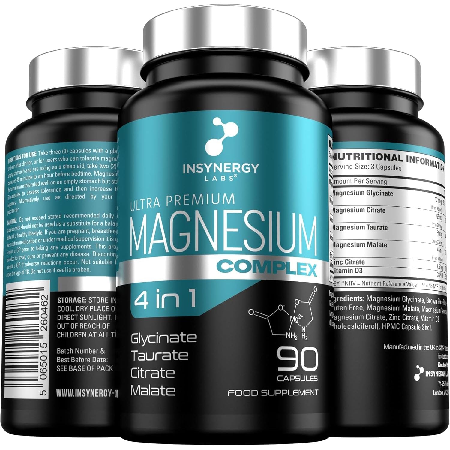 Ultra Premium Magnesium Complex (4 Forms) Magnesium Supplements – Glycinate (Bisglycinate), Citrate, Taurate, Malate 90 Vegan Capsules Magnesium Tablets